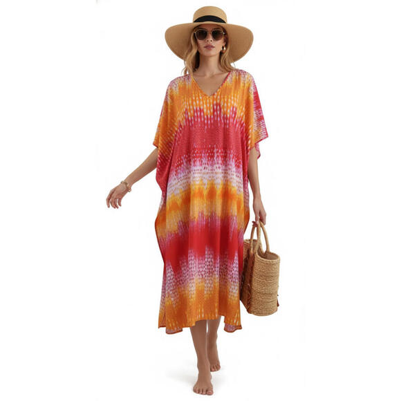 Natori Women's Tahiti Kaftan Dress Red Orange Pink Size M NWT